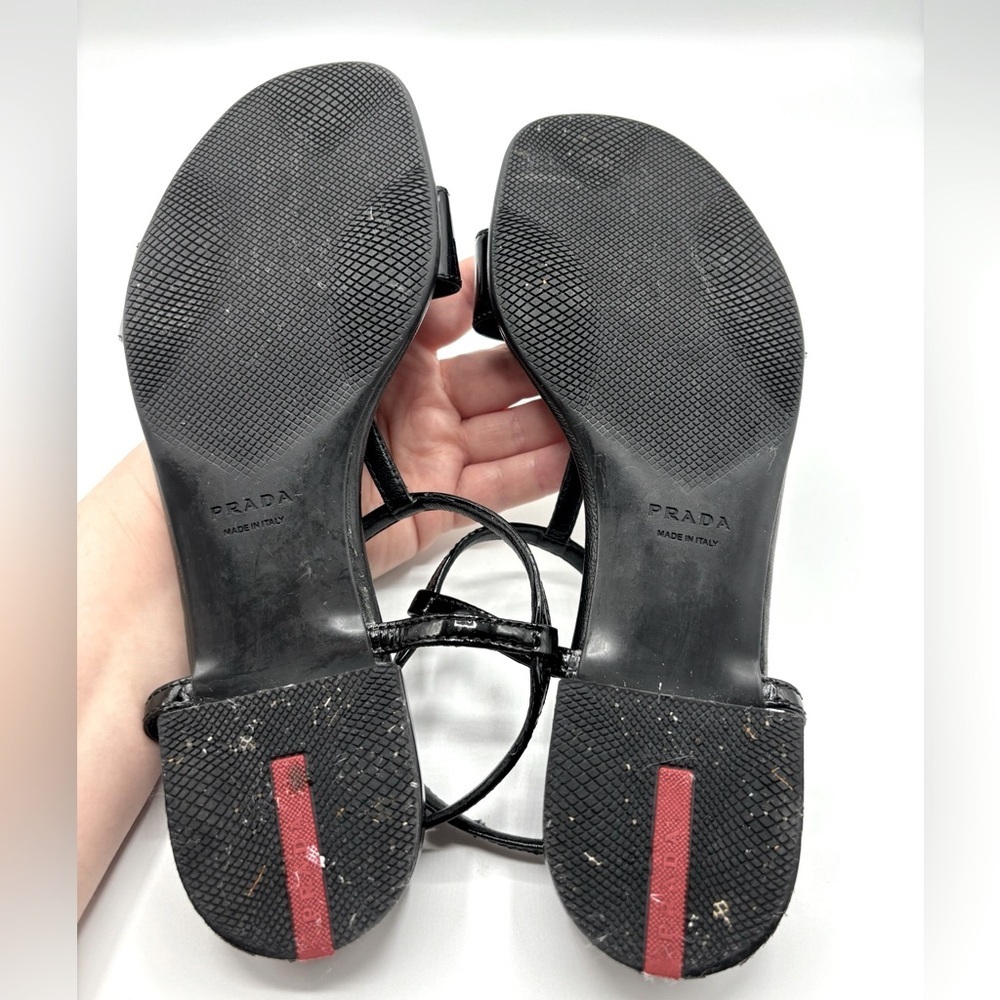 PRADA‎ Black Patent Leather Sandals with Silver Block Chain Detail - Picture 9 of 10